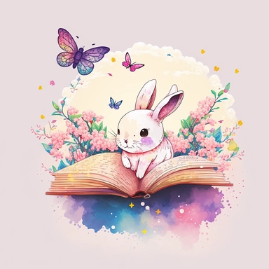 clipart, hand painted, watercolor, vectors, sharp focus, highly detailed, snow Rabbit reading book ,smile on the face,beautiful pink eyes,Chinese New Year, happy Celebration, bright background,Colorful butterfly behind, Cute, Cheerful, pixar style, flower