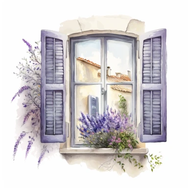 clipart watercolor, detailed, realistic, white background. Window with shutters with lavender flowers on the sill, ledge