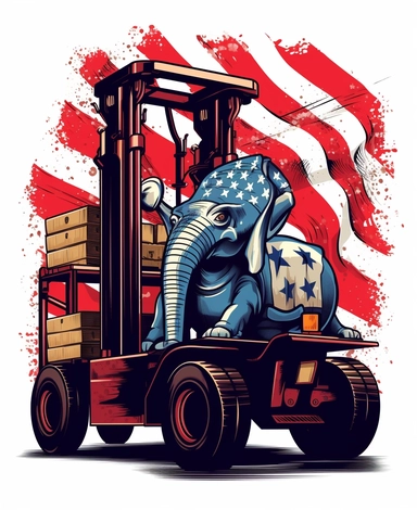 Showcasing a cartoon elephant as a forklift operator, with the design incorporating elements inspired by the American flag, maintaining a patriotic feel. The overall design can appear polished and poignant, with the elephant proudly operating the forklift, that can be used as a sticker, colorful, highly detailed, with a white background, in the style of Pixar clipart, and no cut off edges.