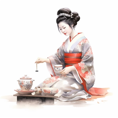 watercolor, white background, clipart, watercolor, white background, ultra-realistic and hyper-detailed clipart, 2d animation style, very beautiful confident Elegant geisha pouring tea during a tea ceremony (chadō)