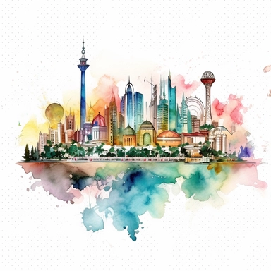 clip art watercolor, Future city, Full HD watercolor design, intricate details, colorful design, white background, smooth design, 8k