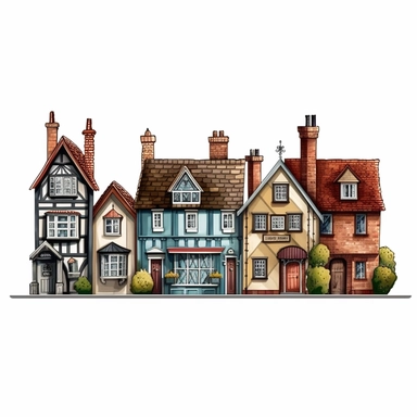 a row of quirky english countryside houses,clipart on white background