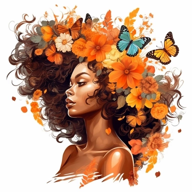 Black Angel Floral Clipart, Skin tone Amber color, curly hair, Hair Above Butterfly And some flowers , rainbow colors design clipart high resolution, white background