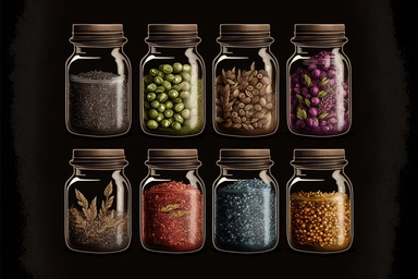 Dozen of jars with seeds in it , CLIPART, watercolor, ink, vector, ultra-detailed, cartoon style, black background, black outside lines