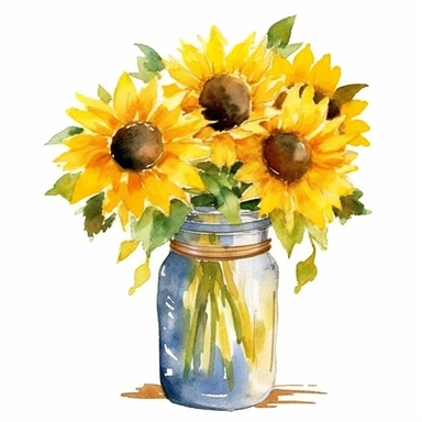 A delightful watercolor clipart image showcasing sunflowers in a mason jar. The artwork captures the rustic charm of a mason jar filled with bright and cheery sunflowers. The sunflowers, with their vibrant yellow petals and contrasting centers, radiate warmth and happiness. The transparent jar allows the beauty of the flowers to shine through, adding a touch of elegance to the composition. Soft brushstrokes and subtle washes of color create a sense of lightness and delicacy. This captivating cli