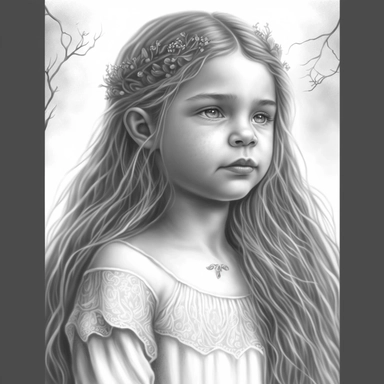 boho little girl, princess aurora, portrait, pose, very detailed and realistic, greyscale, clear image, withe background, clipart style