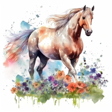 detailed watercolor clipart, photography style, beautiful horse, in a meadow, full body, spring floral,self shadow, white background