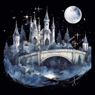 light watercolor strange shape Castles night scenery on the moon in the garden forest and bridges realistic clipart on black background