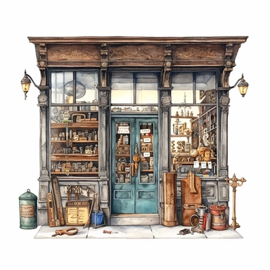 watercolor, hyper realistic, white background, white margins, 16k, ultra detailed clipart, cut out image, hand-drawn vintage hardware store with a wooden storefront and a window display of old-fashioned tools and hardware.