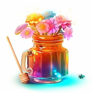 a clipart of a honey jar accompanied by a wooden dipper and a bouquet of flowers. You can arrange the flowers around the jar and show the dipper inside it. white background, holographic, futuristic, transparent details, chromatic aberration, colorized, di