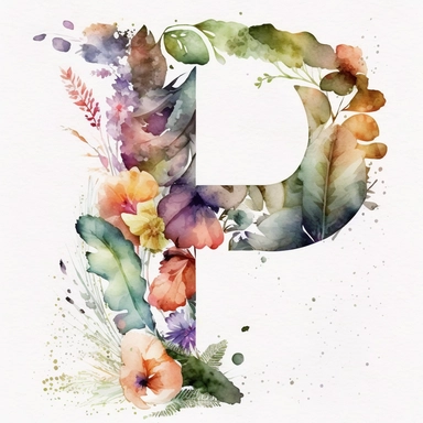 Watercolor botanical flower letter P, clipart, colorful, white background