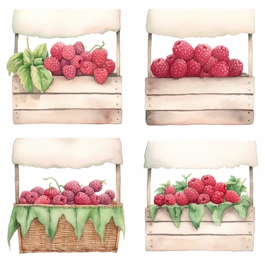 watercolor A clip art 4 set of images featuring a cute farmers market stall with raspberries isolated white background, minimalist, 8K