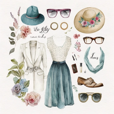watercolor vintage boutique fashion clipart, white background, spaced out, hd--v 5