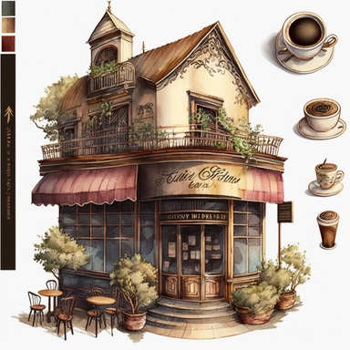 watercolour traditional style beautiful coffee shop beautifully detailed tradition style coffee shop,png image,high resolution,300 dpi,graphic clipart,computer graphics
