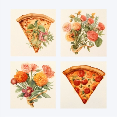 4 watercolor cliparts of neoclassical slice pizza with flowers integrated on it, yaka art, Hyperrealistic still life, aurorapunk, 1990s, appropriation artist, hellenistic art