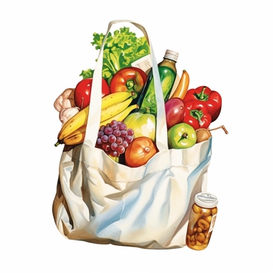 watercolor white shopping bag with vegetables in it, in the style of realistic watercolor paintings, oshare kei, saurabh jethani, 8k, ironical, percy tarrant, heavy shading Clipart desert cartoon t-shirt graphic, vector, contour, isolated on a white background