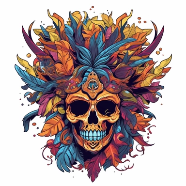 isolated flat clipart on a white background of a spooky day of dead themed voodoo mask tshirt design graphic, in the style of daniel f. gerhartz, transcendent, nikon d850, art of burma, captures the essence of nature, in the style of organic forms and patterns, expansive skies, hyper-detailed illustrations, i can't believe how beautiful this is, lively colors