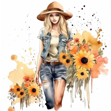 Country Girl Watercolor, Boho Girls clipart, Digital Watercolor Illustration Girl, Girl Flowers Clipart, Watercolor Fashion Girl