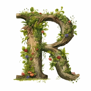 vintage letter R Made Of Tree with vines wrapped around, flowers. moss clings to, illustration clipart, high detailed, white background, digital art
