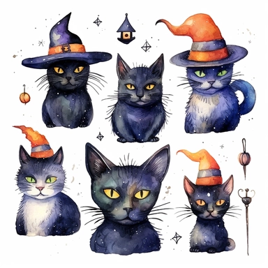 Watercolor clip art on white background, Black cats wearing witch hats collection, various sizes, including moons, stars, and other mystic items, arranged artistically on a clean white background, focus on intricate details and textures of the cats, displaying unique patterns and colors, soft shadows cast on the background, high-resolution image with vibrant and true-to-life colors, perfect for print or digital use –ar 10:10 –q 5 –v 4 –q 2 –upbeta