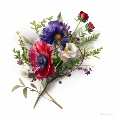 a simple gorgeous wildflowers and flowers corsage with ribbon and greenery on white background clipart, deep purple, emerald green, and ruby red color theme, watercolor painting realistic, high quality, vibrant, Vicente Romero Redondo, Willem van Aelst, Elsa Beskow