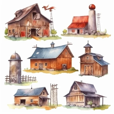 watercolor Old west style barns, illustrations clipart set, simple, , cartoon elements ,different variants , separate elements with a margin