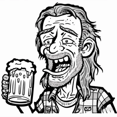 clipart, black and white, dumb looking drunk hill billy holding a beer with missing teeth.