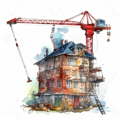 a house construction with crane machine water color clipart, hd, white background