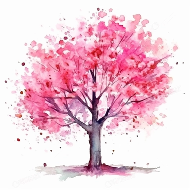 clipart, isolated on white background, beautiful cute Watercolor Spring colorful blossom tree in the park, plants and flowers, ornated, vibrant and saturated colors