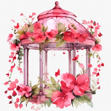 Watercolor Floral Gazebo Clipart, red and pink, white background