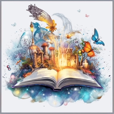 fairy tale coming out of the pages of an open book, fantasy, magic sparkling in the air, Fantasy Clipart, PNG Clipart, Illustration clipart, white background, vivid color, 4K, extremely detailed
