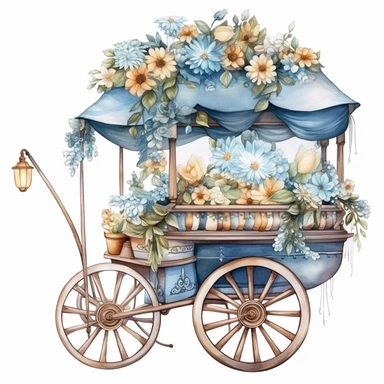 free watercolor and flower cart clipart, free png files, in the style of claudia tremblay, candycore, light azure and bronze, uhd image, caffenol developing, kris kuksi, toyen