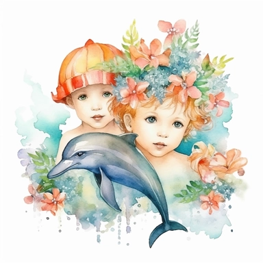 watercolor two sweet boys swimming with shells and dolphins in the sea, flowers clipart on white blackground
