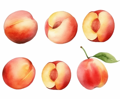 watercolor four Peach fruits clipart, flat style, no volume, few details, washed out, minimalistic style, very lose details, very light colors, transparent colors, light airy hues and pastel tones, spaced out, white background, washed out colors and paint, hand-painted watercolor, watercolor spray, watercolor splash, splatters and paint smudges on top of each Peach, watercolor paper with visible rough paper texture, a variety of watercolor brushes, do not cross workspace borders, rough watercolo