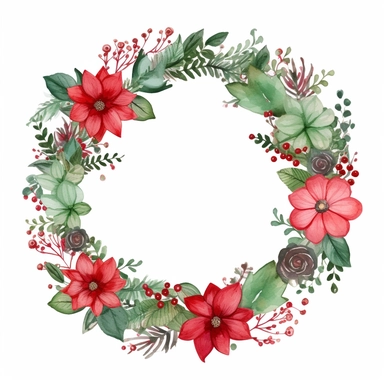 wood circle flower Christmas red green wreath, frame, and border. Greeting card, poster, banner with space for text CUTE STICKER Frealistic cartoon in 32K UHD cute. 15 cm thick outline. Black color. There was no shadow on the ground. 8k with realistic watercolors and detailed illustrations. PNG clipart, transparent white background