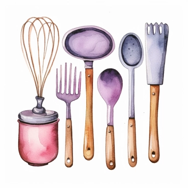 Watercolor kitchen utensils clipart for bakery decoration white background