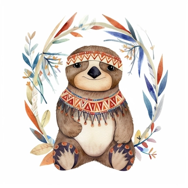 A super-cute tribal sloth, watercolor illustration, Perfect for nursery art and children's book illustration style, simple, clipart, single object, white background for removing background