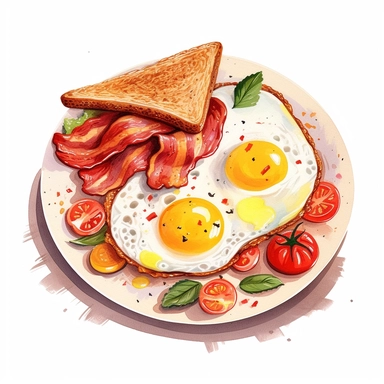 detailed, vintage style, illustrated in clip art style, delicious breakfast spread, two perfectly fried eggs with bright, sunny yolks, and two slices of golden, crispy toast, bacon, basil and tomatoes, arranged neatly on a clean white plate, clean white background, perfect for etsy merchandise