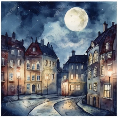 clipart style, watercolor scene of A captivating illustration of a moonlit cityscape showcasing a historic neighborhood with charming buildings and cobblestone streets. The moonlight bathes the architecture in a soft glow, creating a nostalgic and enchanting ambiance, HD, on white background