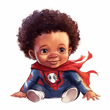A biracial little newborn baby boy superhero as marvels spiderman, smiling, tiny cute little baby, curly afro hair, , red and blue colors, watercolor art, clipart