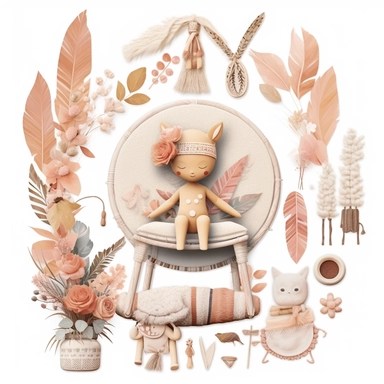create beautiful clip art layout for boho baby items in high detail, uhd, white background, no shadows, extremely high resolution