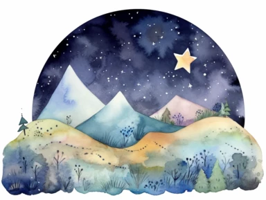 Simple mountain range with Whimsical rolling hills and mountains for a children's book, night scene, watercolor, clipart, white background,