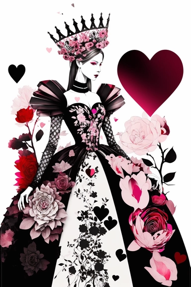 <https://s.mj.run/9tV4APT6Ydk> macro shot, haute couture dolce & gabbana illustration clipart of gothic Alice in Wonderland evil queen of hearts with black diamonds and flowers, pink color palette, white background,