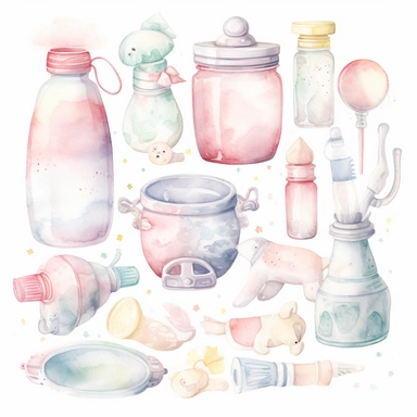Create a watercolor clipart set featuring a variety of baby items, such as bottles, pacifiers, rattles, and blankets. Use soft, pastel colors and delicate lines to capture the innocence and sweetness of infancy, white background