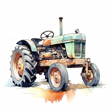Farm Tractor , style by Lucy Fleming, watercolor, smooth gradients, black contour outline, ultra detailed, clipart elements, delicate pastel colors, solid white background, super clear, high quality