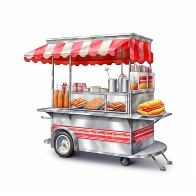 hyper-realistic high-detailed watercolor clipart of a mobile hot dog stand on a white background. The stand should have a sleek and compact design, reminiscent of the iconic New York street style. Depict a streamlined cart with a simple color palette, such as silver or gray, with pops of red and yellow accents. Ensure the clipart includes essential elements such as the serving window, grill, condiment area, and a small seating counter if desired. Emphasize the presence of the grill, showing it a