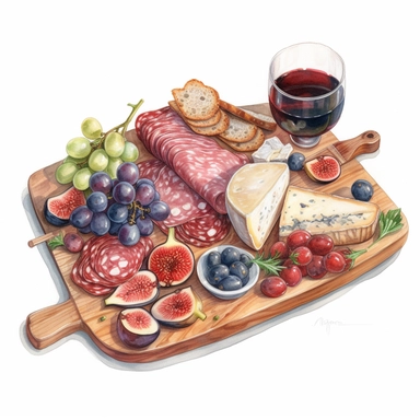 watercolor, hyper realistic, white background, white margins, 16k, ultra detailed clipart, cut out image, hand-drawn, whimsical a charcuterie board with sliced meats, cheese, grapes, and crackers arranged on a wooden board, with a glass of red wine in the background
