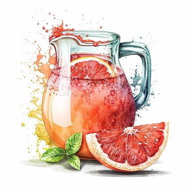 Watercolor one grapefruit juice in a pitcher Clipart, citrus grapefruit, vibrant color, high details, white background, no text