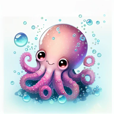 cute pink octopus smiling with big head, big eyes with water bubbles, hand draw Illustration clipart, 4K, extremely detailed