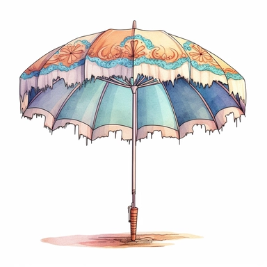 Beach umbrella clipart, Maggie Holmes , boho style, soft pastel colors, watercolor hand painted illustration, in style of anime pen outline, digital painting, isolated on white background